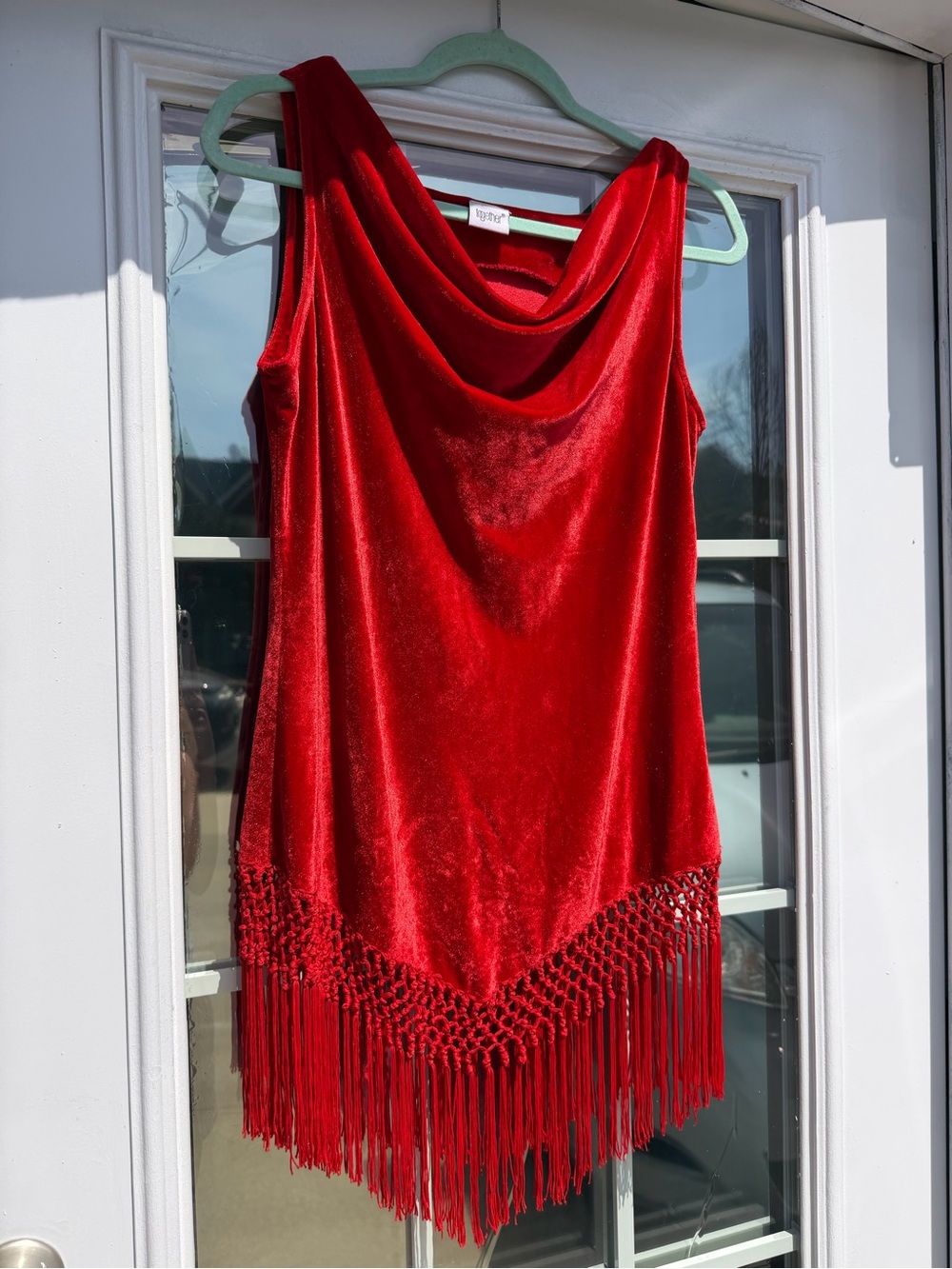 Red Velvet Cowl Neck Tassel Fringe Top